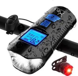 LED Bike Light, Rechargeable Bright Bicycle Headlight with Horn Back Light, LCD Speedometer Odometer and Safety Warning Lamp for Road Mountain and All Bikes Walking Cycling Riding at Night