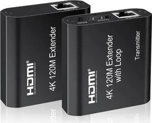 4K HDMI Over Ethernet CAT5e/6/CAT7 Extender, Extender RJ45 4K@30Hz Upto 394 Ft Full HD POC Transmitter & Receiver HDMI LoopOut (4KHE120M)