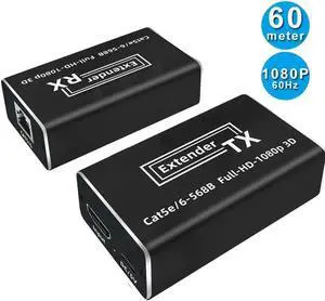 HDMI Extender 196ft 60m,1080p HDMI to RJ45 Network Repeater Over Single Cat5e Cat 6 LAN Cable (Tx + Rx)