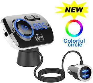 FM Transmitter for Car, Bluetooth Car Adapter with 7 Colors LED Backlight, Wireless Music Player Radio Transmitter Hands Free Car Kit with QC3.0 Quick Charging Port Support TF Card/AUX