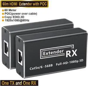 196ft/60m HDMI Extender (Tx + Rx) Via Single RJ45 Cat5e/6 Ethernet Cable Transmit Support 1080p - HDMI Transmitter Receiver Set