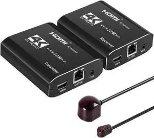 4K HDMI Extender Over Single Cat5e/6/7 Ethernet Cable 4K@30Hz 393ft, Supports Bi-Directional IR and HDMI1.4, HDCP 1.4, HDMI Loop-out (Transmitter and Receiver Kit)