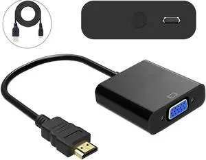 HDMI to VGA Adapter with Micro USB Charging Cord, Gold-Plated HDMI to VGA Adapter (Male to Female) Compatible with Computer, Desktop, Laptop, PC, Monitor, Projector, HDTV, and More - Black