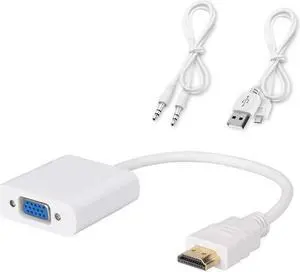 HDMI to VGA Converter, Gold-Plated HDMI to VGA Adapter (Male to Female) with 3.5mm Audio Port & Micro USB Charging Port for Computer, Desktop, Laptop, PC, Monitor, Projector, HDTV - White