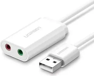 USB Sound Card Audio Adapter, [24-Bit 96KHz Chip ] USB Headset Headphone Microphone Adapter, External USB to 3.5mm TRS 3-Pin Mic/Audio Splitter Jack, Stereo Sound (White)
