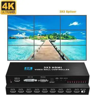 3x3 Video Wall Processor Controller 1080P@60Hz Output, 4K @30Hz Input, 1 HDMI Input & 9 Outputs with RS232 , Support 13 Display Modes -1x1,1x2, 1x3, 1x4, 2x1, 2x2, 2x3, 2x4, 3x1, 3x2, 3x3, 4x1, 4x2