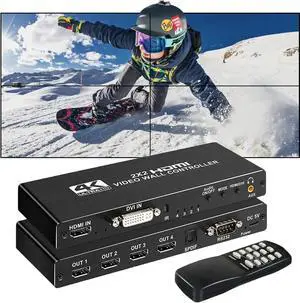 2x2 Video Wall Processor Controller 1080P@60Hz Output, 4K @30Hz Input, 1 HDMI Input & 4 Outputs with RS232 , 8 Modes, 180º Rotation, Support 8 Display Modes -1x2, 1x3, 1x4, 2x2, 4x1, 3x1, 2x1