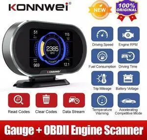 KW206 OBD2 Windshield HUD Head Up Display with Digital Speed OBD ii Scanner Speed Engine Coolant Temperature Fuel Consumption Digital Speedometer Mileage Overspeed Voltage Faulty Code Alarms
