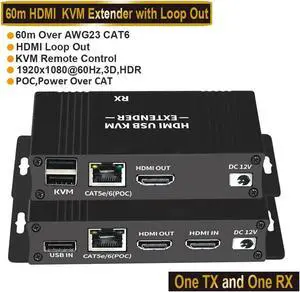 USB KVM and HDMI Over Cat5/Cat5e/Cat6 Extender 196ft Extension, 1080p HDMI Video, 2X USB Keyboard/Mouse, Near Zero Latency, HDMI Loopout, ESD Protection, Transmitter and Receiver