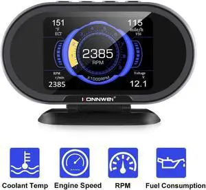 KW206 Universal Car OBD2 HUD Head Up Display Digital Speedometer OBDII EUOBD with Speedometer Tachometer Water Temperature Fuel Pressure Tester for All 1996 and Newer Cars