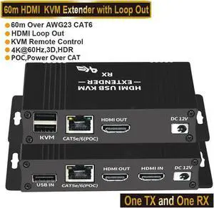HDMI KVM USB Extender 1080P Over Cat5e/6 Ethernet Cable 60m (196ft) for Mouse and Keyboard Control Remote Signals