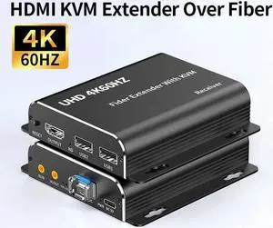 HDMI KVM Fiber Optic Extender, Uncompressed 4K 60Hz HDMI Over Fiber Optic Singlemode up 20Km(12.4mi) and Multimode up 500m(0.31mi) (Transmitter and Receiver Kit)