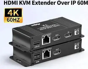 4K HDMI KVM USB Extender Over Cat5e/6 up to 60M(196ft), KVM Extender Over IP Zero Latency Support All System, Plug & Play, 2 Ports USB2.0