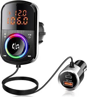 BC71 Bluetooth FM Transmitter -Jansicotek Bluetooth Car Adapter Transmitter FM Audio Receiver 2 USB PD Type C Car Charger, LED Backlit Support TF Card Compatible for iPhone 11 Samsung S20 Smartphones
