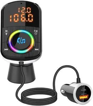 Bluetooth FM Transmitter for Car, With LED Backlit and QC3.0/18W Quick Charger Wireless Bluetooth Car FM Radio Adapter, MP3 Music Player, Hands-Free Calls with USB3.0 Port+USB-C, TF Card