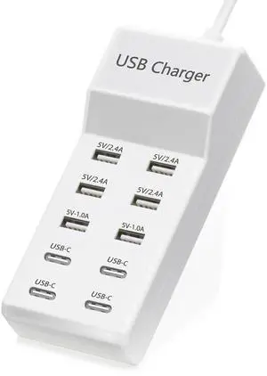 JAENFONG USB Charger,50W USB Charging Station with 10-Port (6 USB-A Port & 4 USB-C Port) Compatible with iPhone 15/14/13/13pro Max 12/12 Mini/12Pro/12 Pro Max/11,Tablets, Smartphones White
