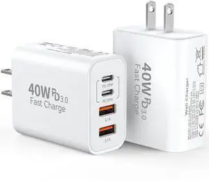USB C Fast Charger Block,40W 4Port iPhone 17 Type C Charger Fast Charging Block PD Power Adapter+QC3.0 USB A Wall Charger Plug Type C Brick for iPhone 17/16/15/14/13Pro Max/iPhone Samsung,2Pack