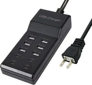 JAENFONG USB Charger,50W USB Charging Station with 10-Port (6 USB-A Port & 4 USB-C Port) Compatible with iPhone 15/14/13/12/11/X/8/7/6 Phones, Watch,Tablets, Smartphones Black