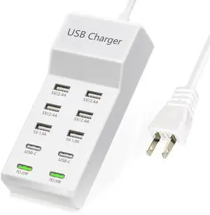 USB Charger,100W USB Charging Station with 10-Port(6 USB-A Port&2 USB-C Port&2 PD20W) Compatible with iPhone 15/14/13/13pro Max 12/12 Mini/12Pro/12 Pro Max/11,Tablets, Smartphones White