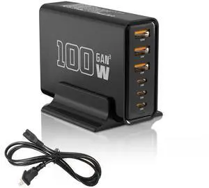 Black USB Fast Charger, 100W GaN 6-Port (3C + 3A) Square Charging Station, Compatible with Laptops, Mobile Phones, Tablets, and Other Devices Black USB Fast Charger, 100W GaN 6-Port (3C + 3A) Square Charging Station, Compatible with Laptops, Mobile Phones, Tablets, and Other Devices