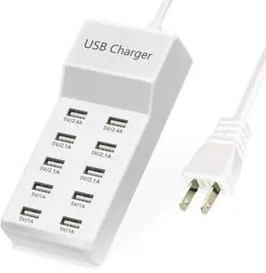50W 10-Port USB Charging Station for iPhone 15/15 Pro/15 Pro Max/15 Plus/14/13/12/11/Xs Max/XR/X/SE White