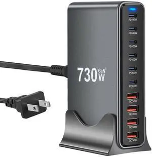 JAENFONG 730W USB C Charger Block, 10 Port Fast USB Charging Station for Multi Devices, GaN Charging Block Double 140W/100W/65W PD PPS Port Laptop Charger Compatible with MacBook Pro/Air/iPhone 16/15