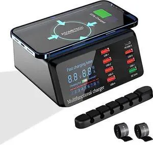 JAENFONG USB Charger Hub 100W 8-Port Desktop Multiple USB Charging Station with PD Port, Quick Charge 3.0 USB Port, Wireless Charger, LCD Display Fast USB C Charger for iPhone 12, Tablet and More