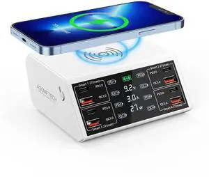 JAENFONG USB Charging Station,100W 8-Port Charging Station for Multiple Devices with 4 QC3.0+4 USB-C PD Ports,Wireless Charger,Multi Fast Charging Hub Charger Station for iPhone,Samsung, iPad