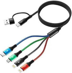 JAENFONG 5 in 1 Multi Charging Cable 3.5A, Multiple Fast Charging Cord USB A/C to Type C/Micro USB/Lightning Universal Braided Charger Cable,Multi Charger for Cell Phones,iPhone,Galaxy