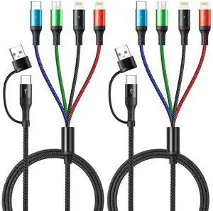 JAENFONG 5 in 1 Multi Charging Cable 3.5A, Multi Fast Charging Cord USB A/C to Type C/Micro USB/Lightning Universal Braided Charger Cable,Multi Charger for Cell Phones,iPhone,Galaxy (2, Black, 4Feet)