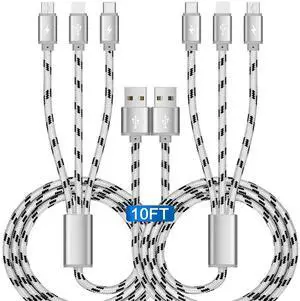 JAENFONG 10Ft Multi Charging Cable 3A 2-Pack Braided Fast Charging 3-in-1 Multiple Charger Cable with IP/Micro USB/Type C Adapter Port for Cell Phones/iPhone 16 15 14 13/ Samsung/Pixel/Tablet and More