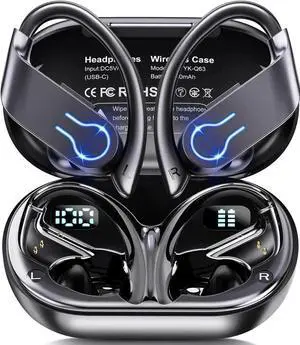 Wireless Earbuds Bluetooth Headphones 120H Playtime Stereo Ear Buds Bluetooth 5.3 Dual Power Display Sports Headphones with Earhooks IPX7 Waterproof Earbuds with ENC Mic Over-Ear Earphones for Running