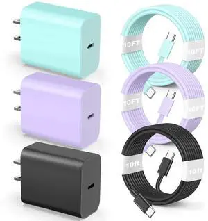 JAENFONG Compatible with iPhone 16 15 Fast Charging Cable 10Ft,3Pack 60W USB C to USB C Fast Charging Cable Cord for Phone 16 15/15 Pro/15 Pro Max Pad Pro,MacCBoOok Air, Samsunng-GreenPurpleBlack