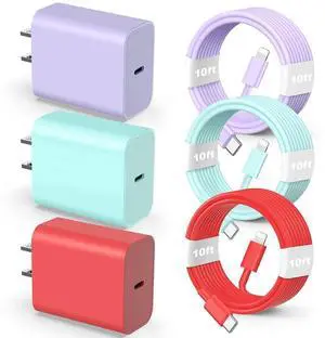 JAENFONG Compatible with iPhone 14 13 12 Charger, 20W Fast Charging Wall Charger, 10 FT USB ightning Cable,Phone Chargerr Cord for Phone 14/13/12/12 Pro Max/11/Xs Max/XR/X,AirPods Pro(Pueple/Blue/Red)