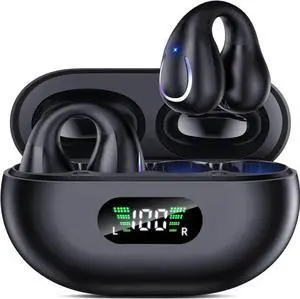 JAENFONG Open Ear Clip Wireless Earbuds Bluetooth 5.3, Sports Earphones Built-in Microphone with Earhooks & Ear Hook, Wireless Charging Case & Display, Waterproof Fitness Headphones for Running