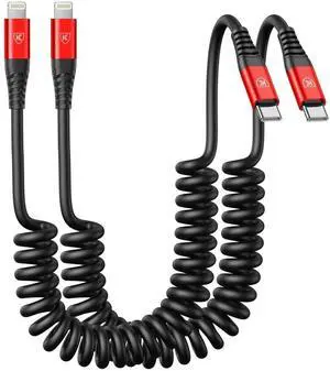 JAENFONG USB C to Lightning Cable, 2Pack 3FT Coiled Fast Charger for Car Type C to Lightning Cable Cord Compatible with 14 13 12 11 Pro Max Xr Xs 8 7 Plus Carlay-Red
