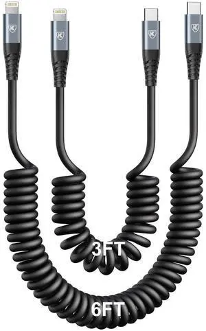 JAENFONG USB C to Lightning Cable [3FT+6FT], 2Pack Coiled iPhone Charger Cable Fast Charging for Car Short USBC iPhone Cord Compatible with iPhone14/13/12/11 Pro Max/8/Plus/iPad/CarPlay