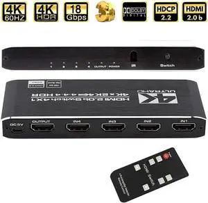 JAENFONG 4K HDMI Switch 4x1, 4 Port HDMI Selector Switcher 4 in 1 Out with IR Remote Control Support 4K@60Hz, 4Kx2K, HDR, HDMI 2.0b, HDCP 2.2, 3D, 1080P