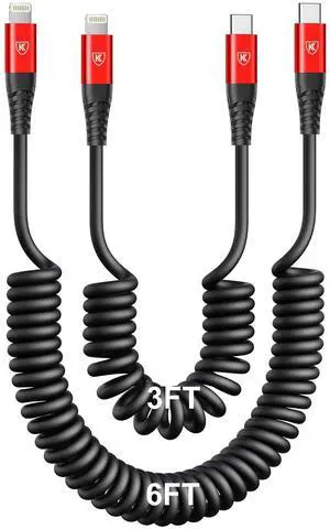 JAENFONG USB Type C to Lightning Cable[3FT/6FT],2Pack Coiled iPhone Charger Cable Fast Charging for Car Short USBC iPhone Cord Compatible with iPhone14/13/12/11/8/Plus/iPad/CarPlay-Red