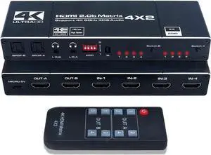 JAENFONG HDMI Matrix Switch 4x2, 4K HDMI Matrix Switcher Splitter 4 in 2 Out Box with EDID Extractor and IR Remote Control Support 4K HDR, HDMI 2.0b, HDCP 2.2, 4K @60Hz, 3D, 1080P