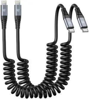 JAENFONG USB Type C to Lightning Cable 6FT 2Pack, Coiled iPhone Charger Fast Charging for CarPaly Short USBC iPhone Cord for iPhone14/13/12/11 Pro Max/iPad/CarPlay-Black