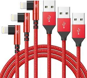 JAENFONG 10ft iPhone Charger Cable,3Pack 90 Degree Lightning Cable, [Apple MFi Certified] Long Fast Charging Cord Compatible for iPhone 14/13/12/11/Pro/Max/Mini/X/Plus/8/7/6/Plus/ - Red