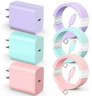 JAENFONG Compatible with iPhone 14 13 12 Charger, 20W Fast Charging Wall Charger, 10 FT USB ightning Cable,Phone Charger Cord for Phone 14/13/12/12 Pro Max/11/Xs Max/XR/X,AirPods Pro-Purple/Pink/Blue