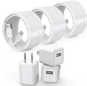 JAENFONG 3Pack 10FT Long iPhone Charger,Cube Phone Charging Transfer Cord 10Foot Lightning Cable USB Plug Wall Charger Block Travel Adapter for iPhone 14/13/12/11/SE 2022/8/7/XS/XR/X/iPad
