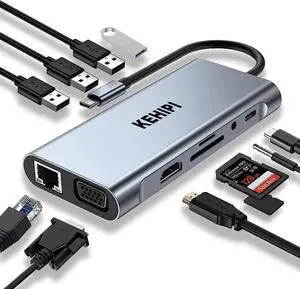USB C HUB, USB C Adapter 11 in 1 with 4K HDMI, VGA, Type C PD, USB3.0, RJ45 Ethernet, SD/TF Card Reader, 3.5mm AUX, Docking Station Compatible with MacBook Pro/Air, Other Type C Laptops Devices