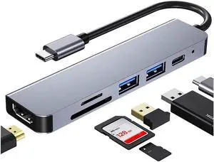 JAENFONG USB C Hub, Type C Hub, TOTU 6-in-1 4K USB C to HDMI, 1 USB3.0, 1 USB2.0, Micro SD/TF Card Reader, USB-C PD 3.0, Compatible for Mac Pro and Other Type C Laptops