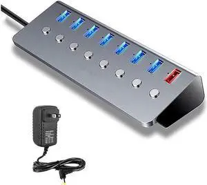 JAENFONG USB 3.0 Hub 8 Ports, 5V/3A Power,Support 7 USB 3.0 Simultaneous Inputs and One USB Charging Port, Independent Switch with LED, Metal Case USB3.0 Hub