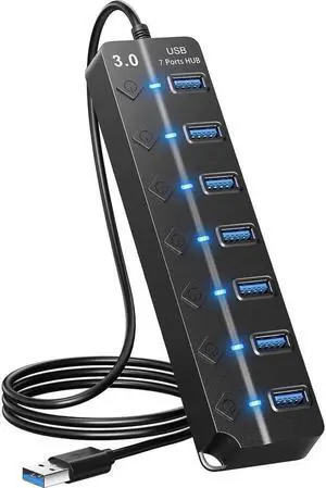 JAENFONG USB Hub 3.0, 7-Port USB Hub Splitter with Individual On/Off Switches and Lights, 3.2ft/1m Long Cable Compatible with MacBook, Laptop, Surface Pro, PS4, PC, Flash Drive, Mobile HDD