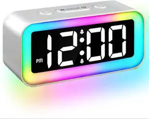 Colorful Nightlight LED Digital Alarm Clock with Super Loud Dual alarm, Weekday mode, Snooze, Dimmer, USB Charging Port for Livingroom, Bedroom,Bedside, Heavy Sleeper,Adult,Kid,Teens,gift,Silve