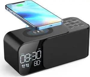 JAENFONG Alarm Clock Radio with Wireless Charger, Clock Radio with Bluetooth Speaker & Aux, Dual Alarms with 8 Sounds, Snooze, USB Charging Port, 3 Levels Dimmer Nightlight for Bedroom